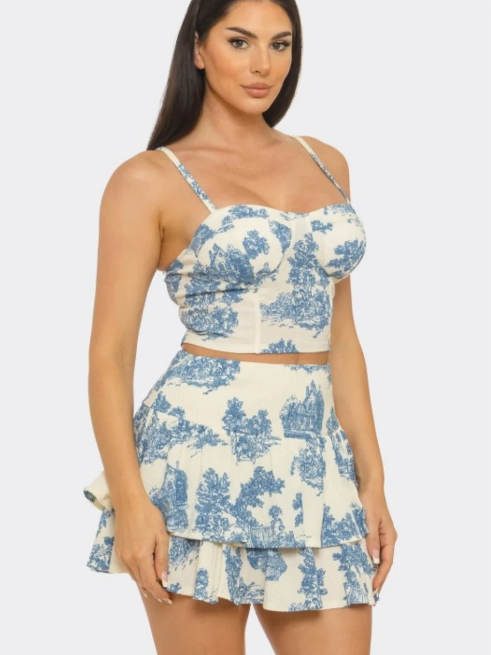Blue Toile Print Corset Style Top & Tiered Skirt Set - Picture 3 of 5